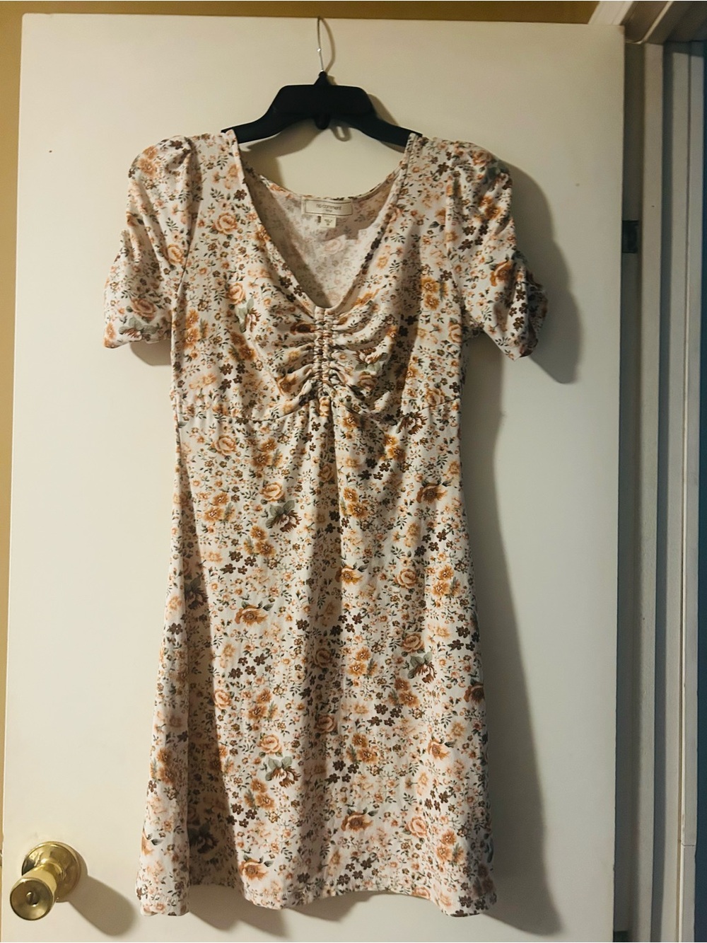 Ruched V-Neck Mini Dress in White with Tan Floral Print
